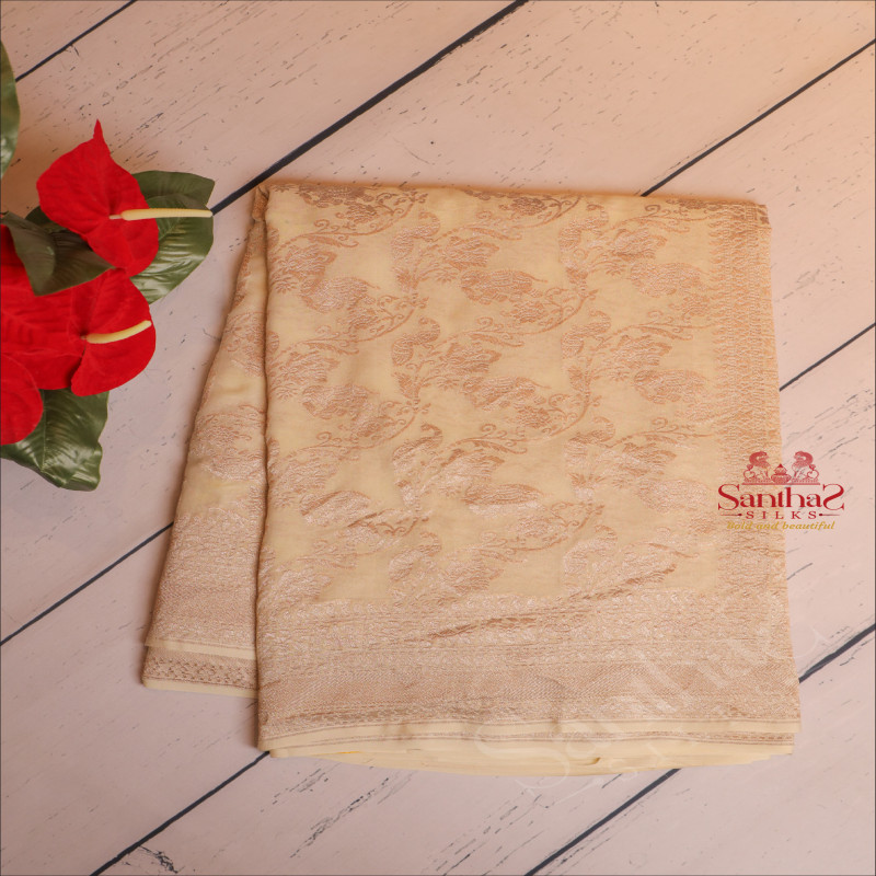 GEORGETTE BANARAS SAREE IN CREAM COLOUR WITH SELF COLOUR BLOUSE