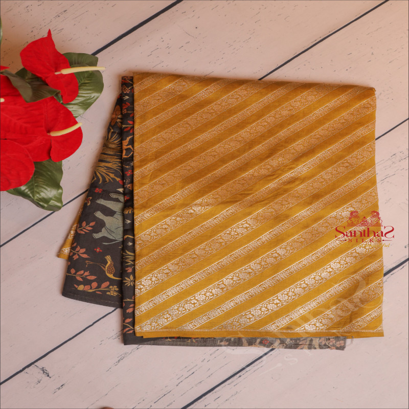 SEMI BANARAS SILK SAREE WITH FLORAL & ANIMAL DIGITAL PRINTS IN PALLU & BLOUSE