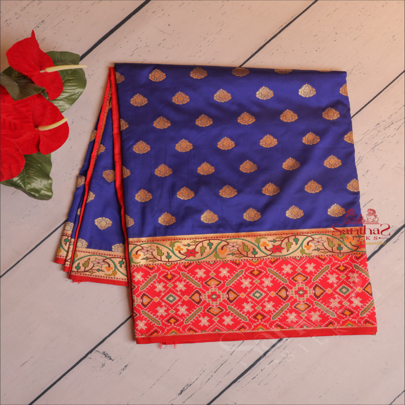 PURE BANARAS SILK SAREE IN ROYAL BLUE WITH RED BORDER AND BLOUSE