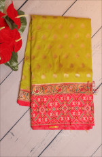 PURE BANARAS SILK SAREE IN YELLOW GREEN COLOUR WITH RED COLOUR PALLU & BLOUSE