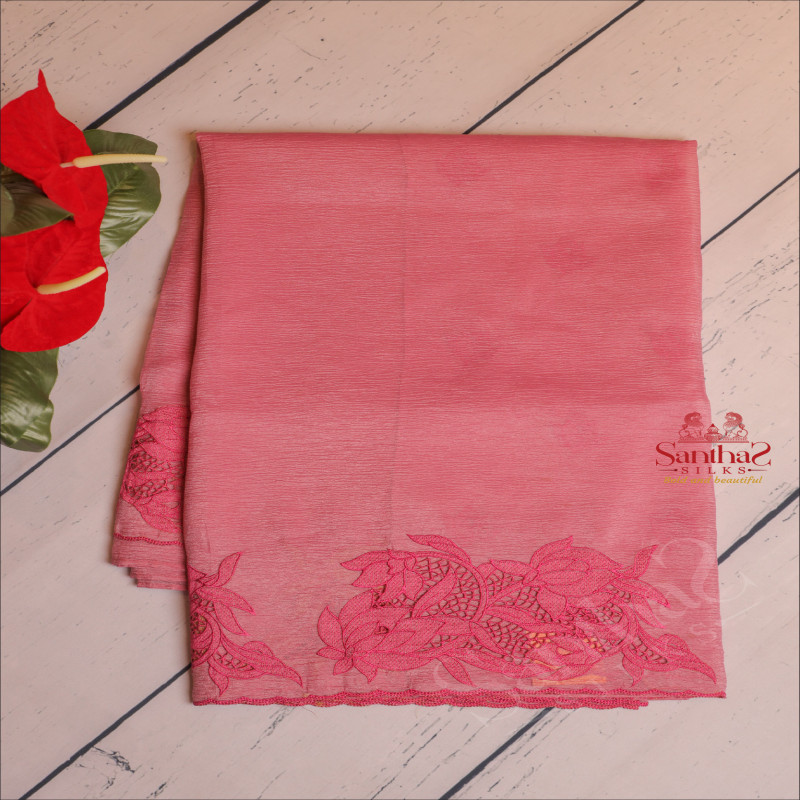 CRUSH MATERIAL SAREE WITH CUT WORK EMBORIDERY IN PASTEL BERRY COLOUR
