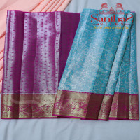 SILVER BLUE TISSUE  BODY IN FLORAL WITH PINK BLOUSE & BORDER