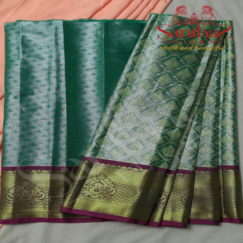 TISSUE GREEN BODY WITH  GOLD ZARI BORDER & BLOUSE
