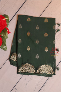 bottle-green-colour-satin-banaras-saree-with-floral-zari-butta-and-self-blouse