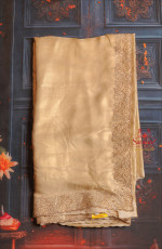 SANDAL COLOUR WORK SAREE WITH STONE PATTERN BORDER WITH SELF BLOUSE