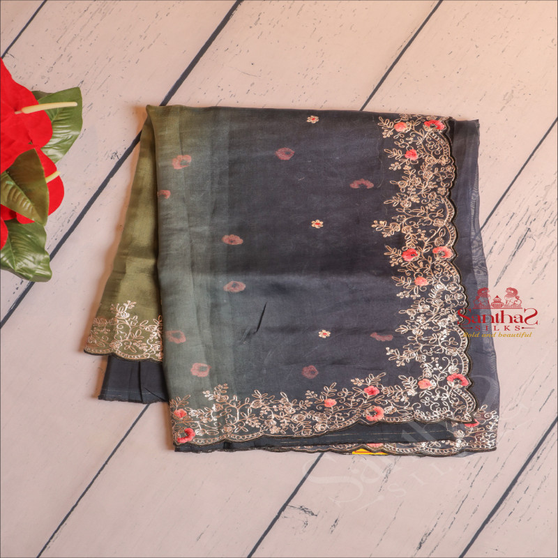 MYRTLE GREEN COLOUR ORGANZA SAREE WITH FANCY ZARI MOTIF WITH CONTRAST BLOUSE