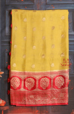 LEMON YELLOW COLOUR SATIN BANARAS SAREE WITH FLORAL ZARI BUTTA WITH CONTRAST BLOUSE & BORDER