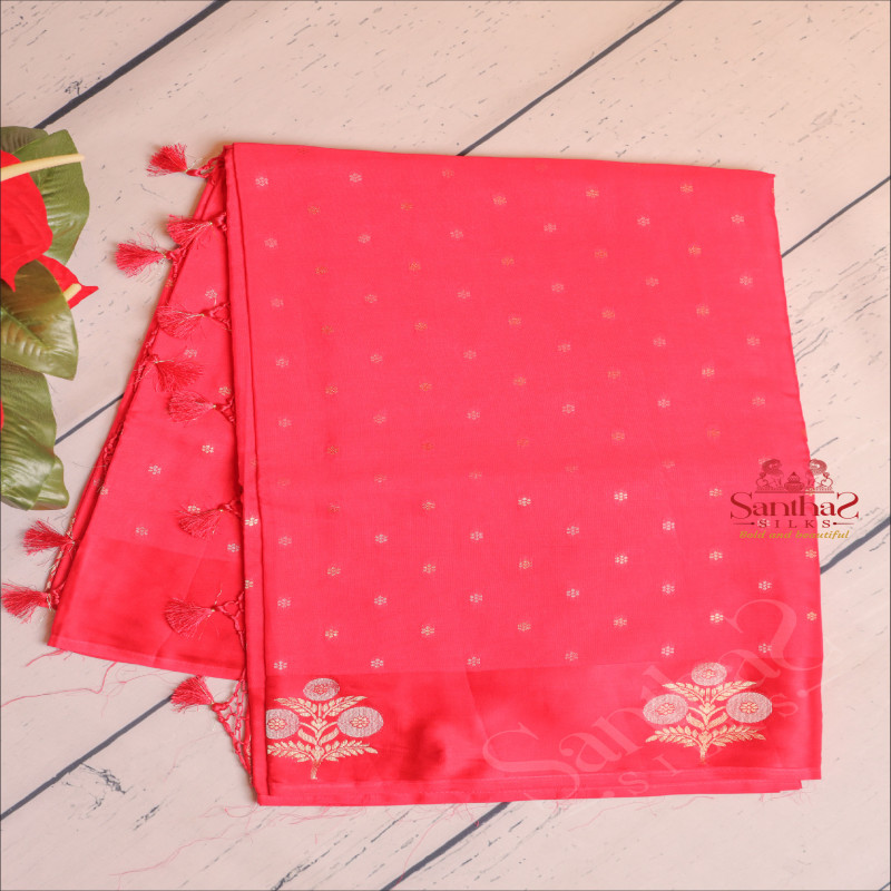 RED COLOUR SATIN BANARAS SAREE WITH ZARI MOTIF AND FLORAL BUTTA WITH SELF BLOUSE