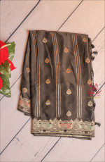 BLACK COLOUR SATIN BANARAS SAREE WITH ZARI FLORAL BUTTA AND PEACOCK ZARI MOTIF WITH SELF BLOUSE