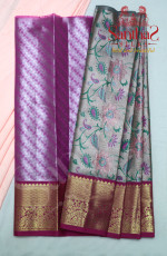 SILVER COLOUR BODY IN FLORAL PATTERN WITH CONTRAST BLOUSE & BORDER