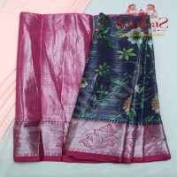 INK BLUE IN BODY FLORAL PATTERN WITH CONTRAST BLOUSE & BORDER