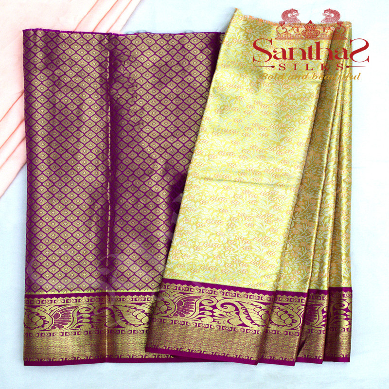 GOLDEN TISSUE BODY IN FLORAL PATTERN WITH PINK  BORDER AND JACQUARD BLOUSE