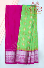 MEENAKSHI GREEN BODY IN ZARI BUTTA WITH CONTRAST BLOUSE & BORDER
