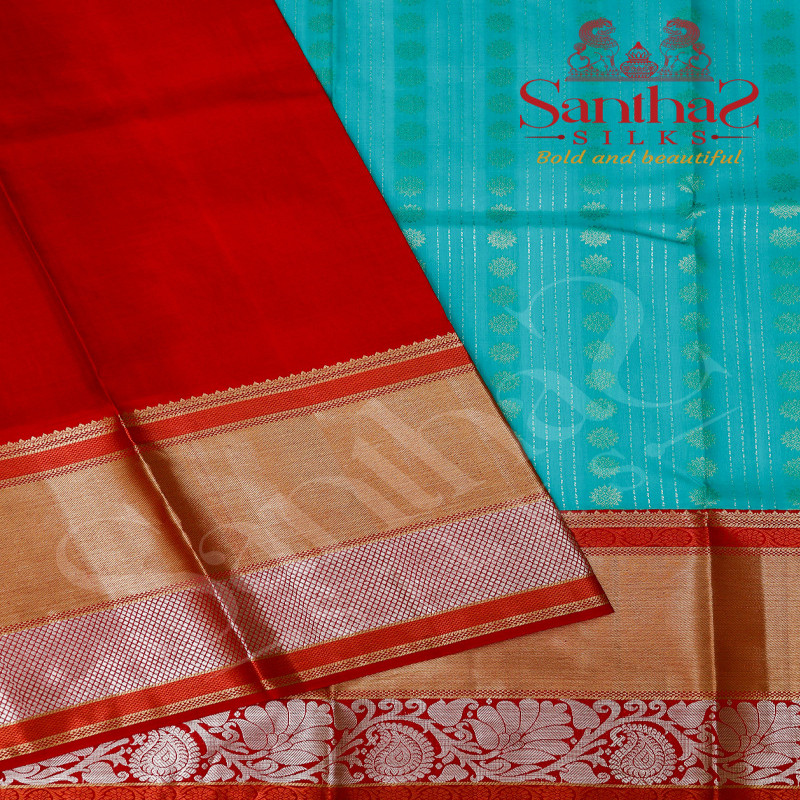 BLUE COLOUR BODY IN STRIP LINE WITH CONTRAST BLOUSE & BORDER