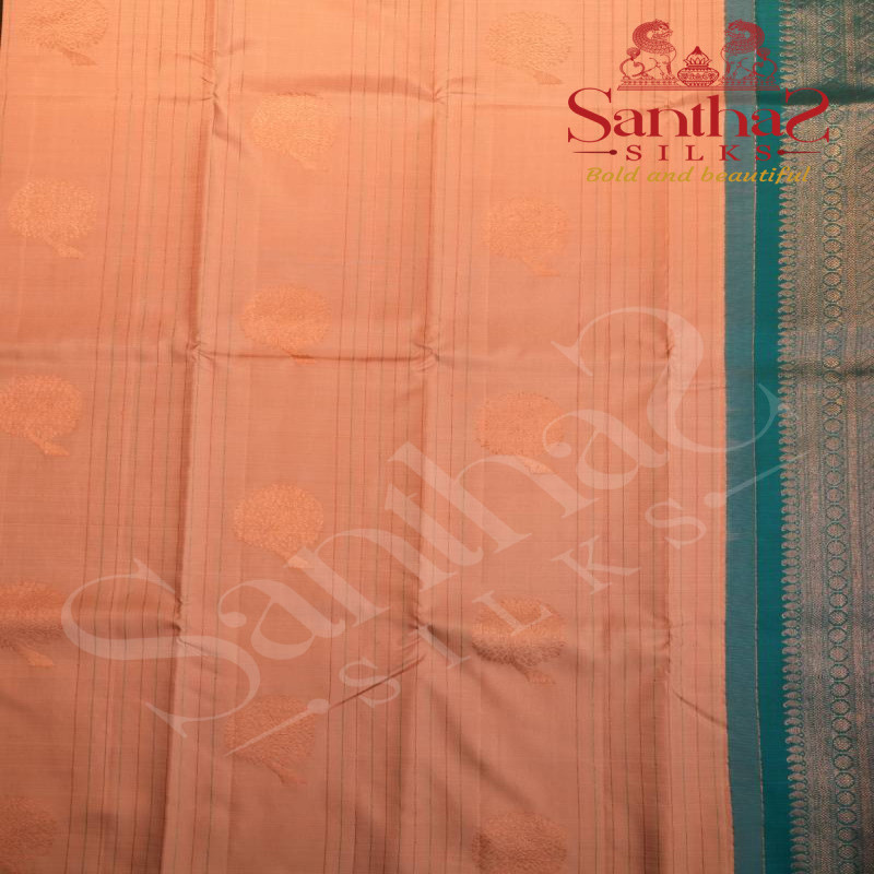 LIGHT PEACH COLOUR BODY STRIPS COPPER ZARI TREE BUTTA WITH CONTRAST BLOUSE