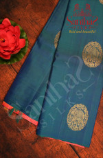 BORDERLESS PEACOCK BLUE COLOUR BODY WITH GOLDEN ZARI ELEPHANT MOTIFS AND CONTRAST BLOUSE