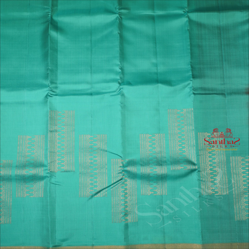 TURQUOISE BLUE COLOUR BODY WITH GOLDEN ZARI FANCY BUTTA WITH CONTRAST BLOUSE & BORDER