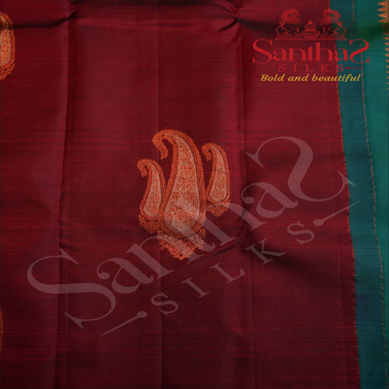 BORDERLESS MAGENTA COLOUR BODY WITH COPPER & SILVER ZARI MANGO MOTIFS AND CONTRAST BLOUSE