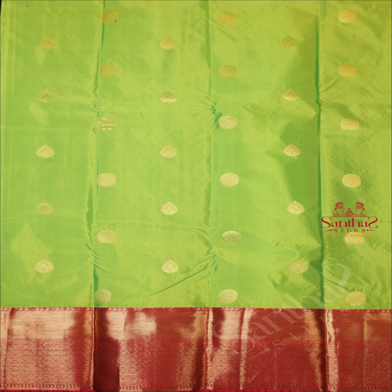 LAWN GREEN COLOUR BODY WITH GOLDEN ZARI BUTTA WITH CONTRAST BLOUSE & BORDER