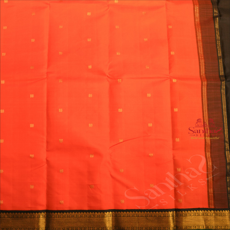 RED ORANGE COLOUR BODY WITH GOLDEN ANNAM BUTTA WITH CONTRAST BLOUSE & BORDER