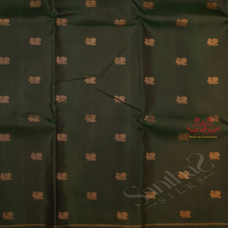 BOTTLE GREEN COLOUR BODY WITH GOLDEN  ZARI ANNAM BUTTA WITH CONTRAST BLOUSE & PALLU