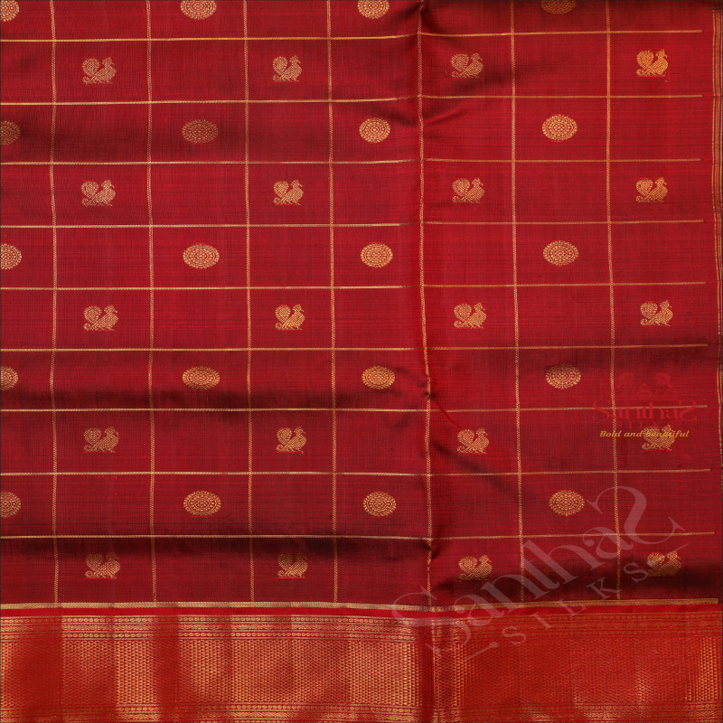 9 YARDS MADISAR MAROON COLOUR CHECKED BODY WITH ANNAM CHAKKARAM BUTTA & WITHOUT BLOUSE