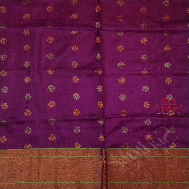 VIOLET COLOUR BODY WITH GOLDEN AND SILVER ZARI FLORAL BUTTA WITH CONTRAST BLOUSE & BORDER