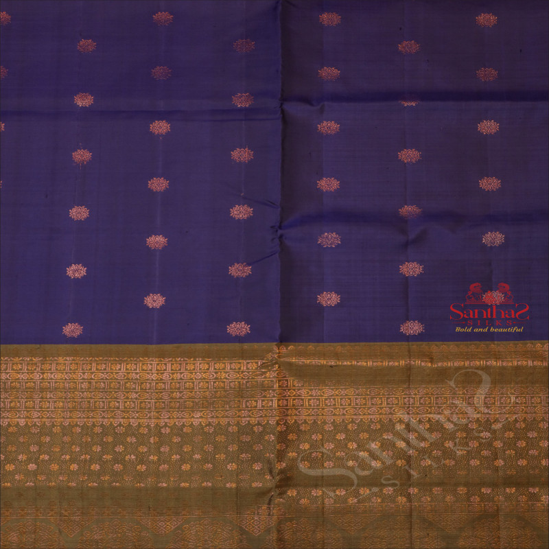 DARK BLUE COLOUR BODY WITH COPPER ZARI KOLAM BUTTA WITH CONTRAST BLOUSE & BORDER