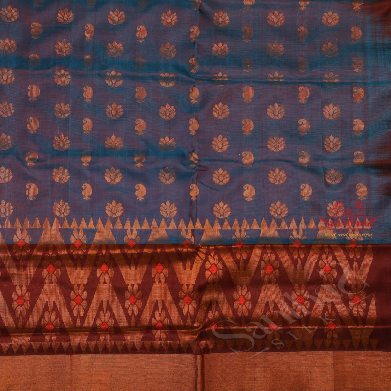 BLUE COLOUR BODY WITH GOLDEN ZARI MANGO FLORAL BUTTA WITH CONTRAST BLOUSE & BORDER