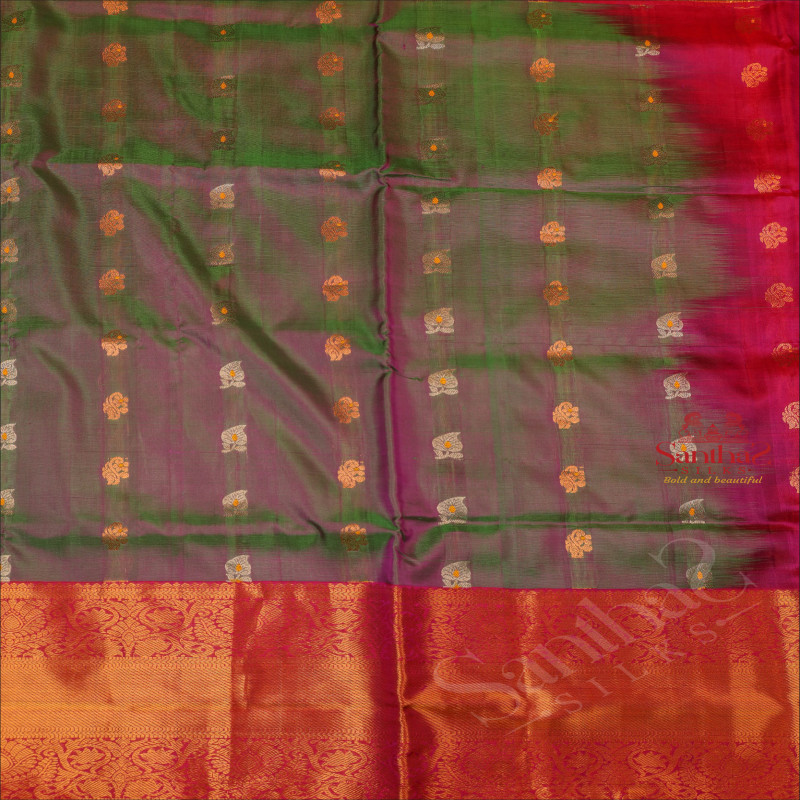 GREEN AND VIOLET SHADE BODY WITH GOLDEN ZARI LEAF BUTTA WITH CONTRAST BLOUSE & BORDER