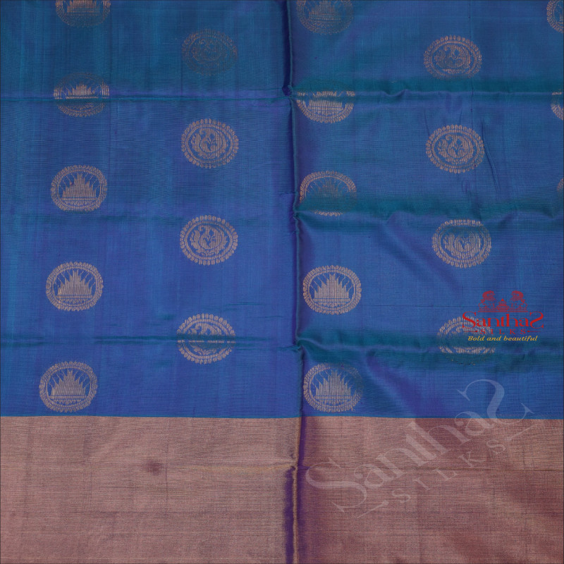 BLUE COLOUR BODY WITH GOLDEN ZARI FLORAL BUTTA WITH CONTRAST BLOUSE & BORDER