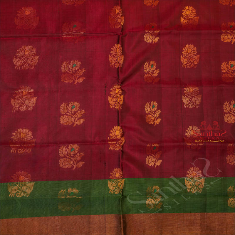 MAROON COLOUR BODY WITH GOLDEN ZARI FLORAL BUTTA WITH CONTRAST BLOUSE & BORDER