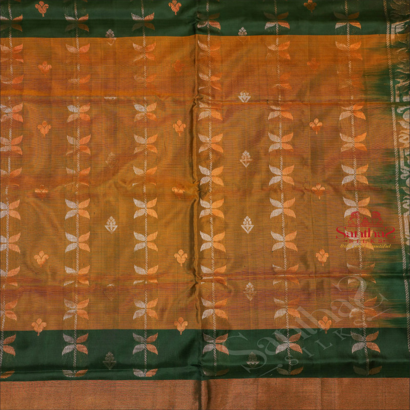 MUSTARD YELLOW COLOUR BODY WITH GOLDEN AND COPPER ZARI BUTTA WITH CONTRAST BLOUSE & BORDER