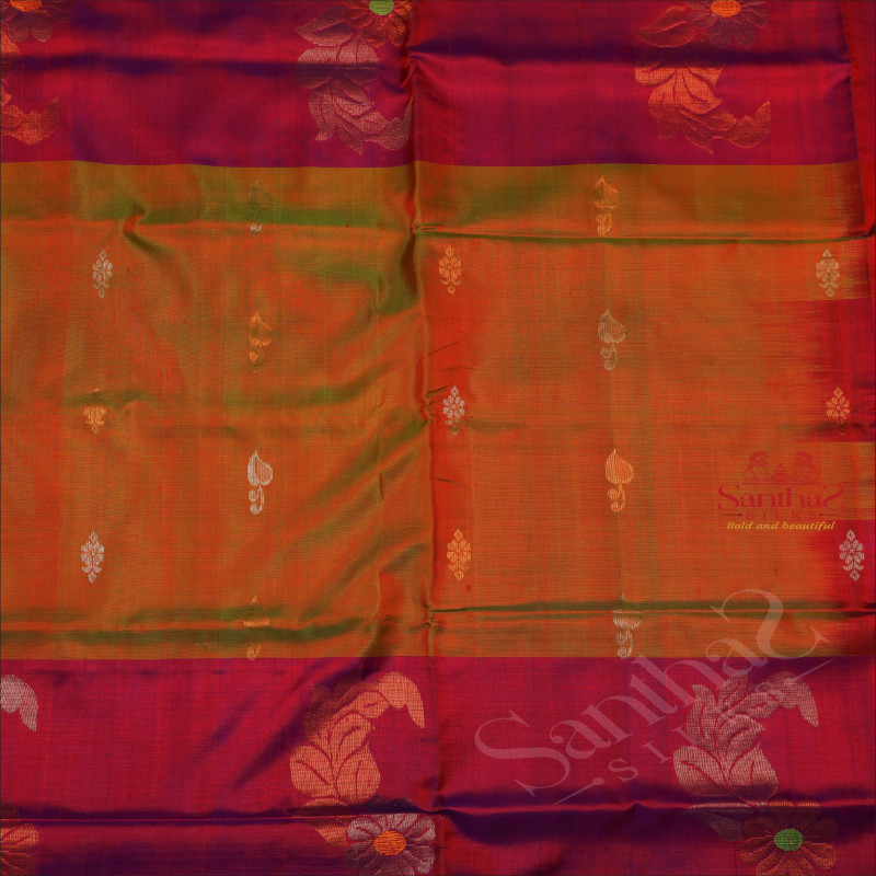 DUAL SHADE GREEN COLOUR BODY WITH GOLDEN & SILVER ZARI BUTTA WITH CONTRAST BLOUSE & BORDER