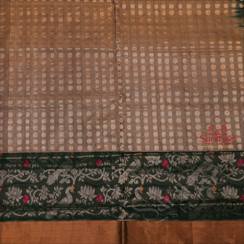 GREY COLOUR BODY WITH SILVER ZARI COIN BUTTA WITH CONTRAST BLOUSE & BORDER